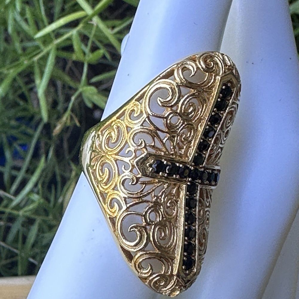 VTG Bellezza‎ Statement Ring Sz 5 Black Spinel Cross Yellow Gold Plated Filigree - Picture 3 of 12
